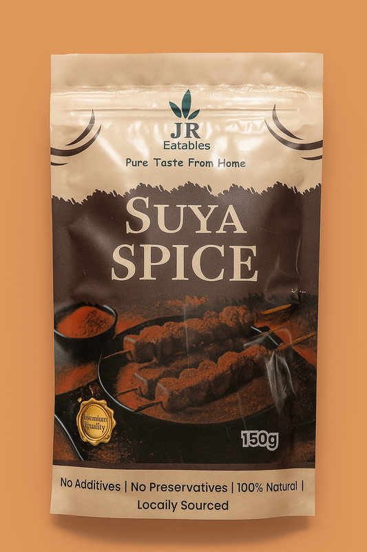Packaging of JR Eatables Suya Spice on a beige background
